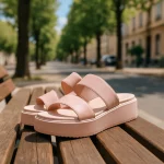 Ροζ flatforms πάνω σε ξύλινο παγκάκι σε δεντροφυτεμένο πεζόδρομο.